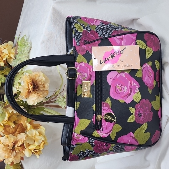 Betsey Johnson Black and Pink Floral Satchel - Picture 1 of 8